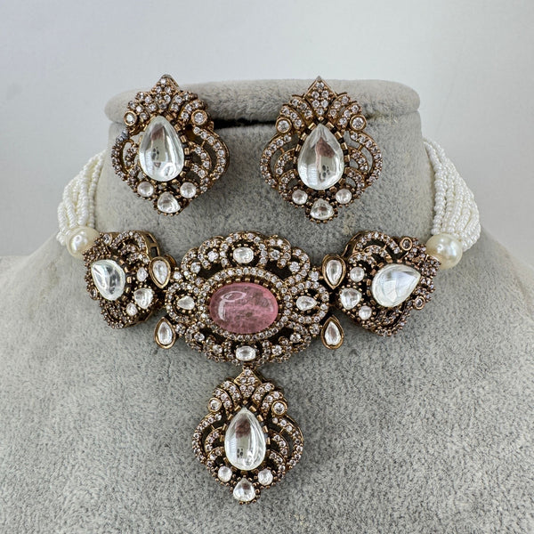 Pink Victorian Sabyasachi-inspired Moissanite Polki Kundan choker Necklace Set