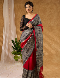 MAROON PURE SILK INTRICATE HAND BLOCK PRINTED SAREE