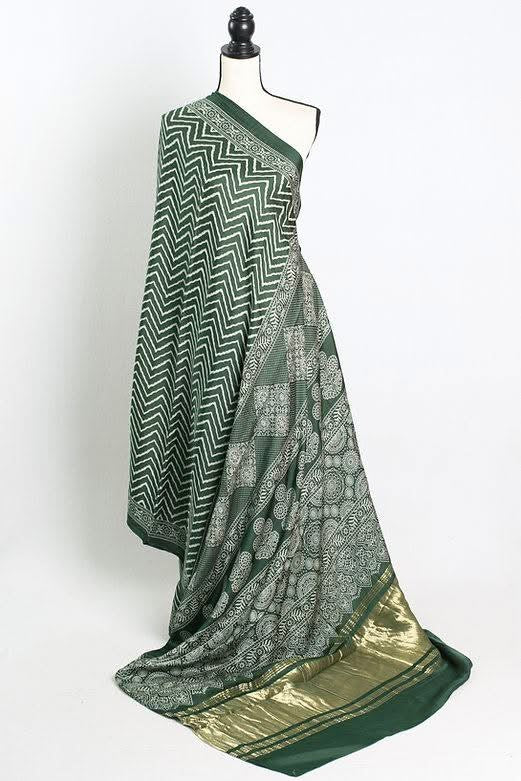 Modal Silk Leheriya Ajrakh Saree with Tissue Pallu in Green