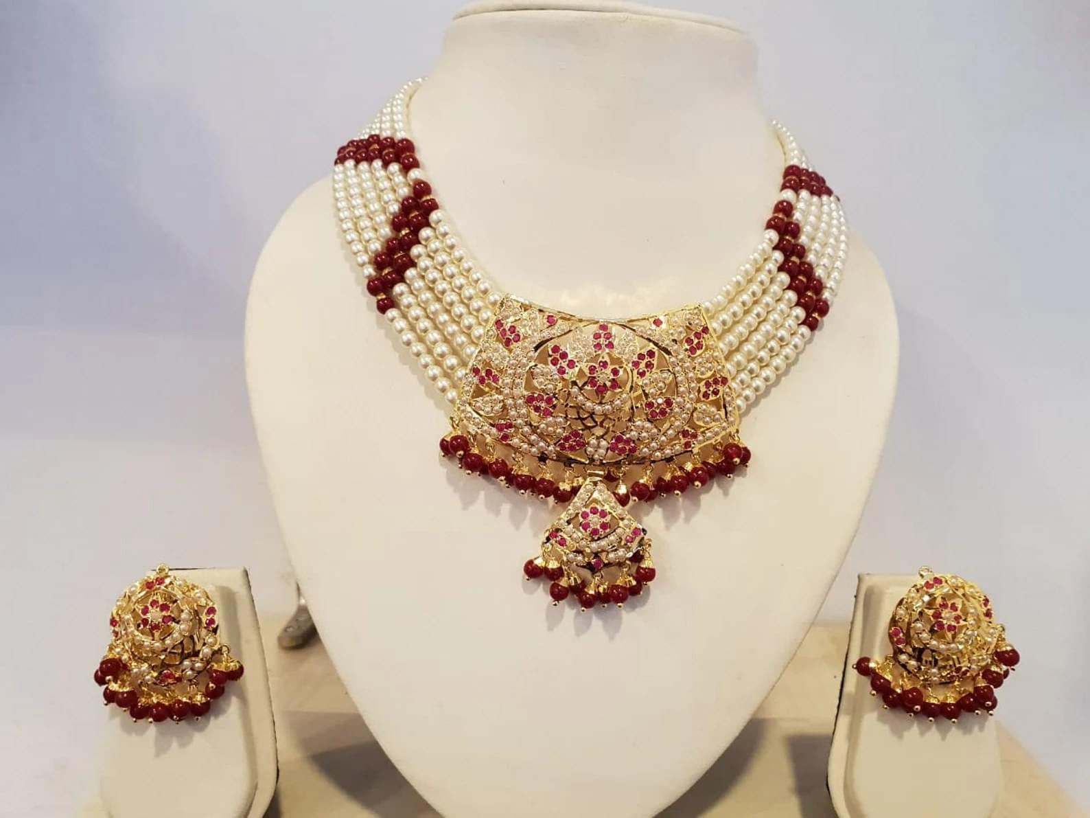 Navaratan Gold Plated Jaddau Necklace Set with Pearl White and Ruby Jadau