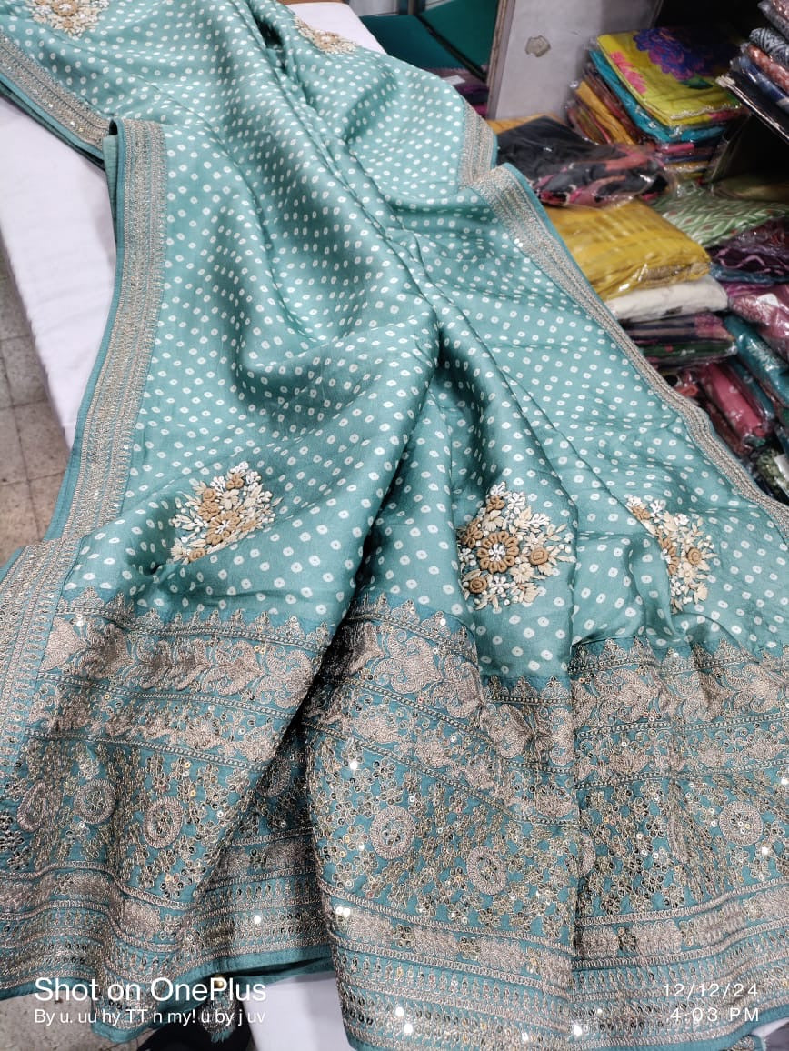 Sky Blue and White French Knot Bandhej Saree