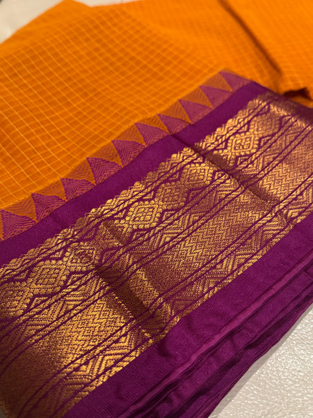 Pure Cotton Orange and Purple Magenta Gadwal Saree