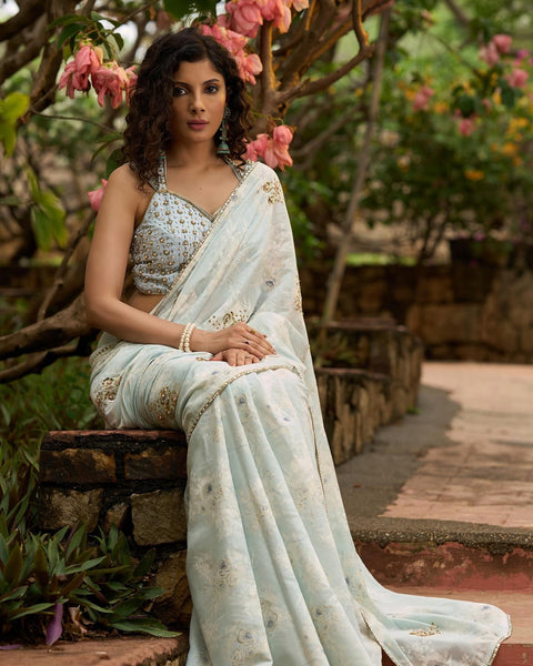 Ice blue floral printed saree