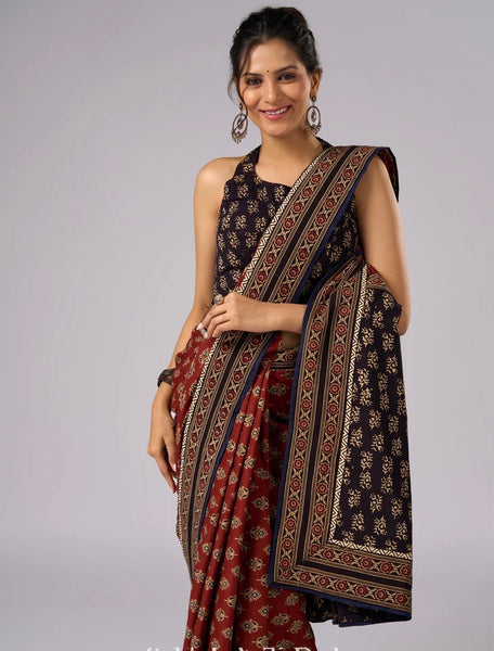 Brown Cotton Printed combination saree with Ajrakh border