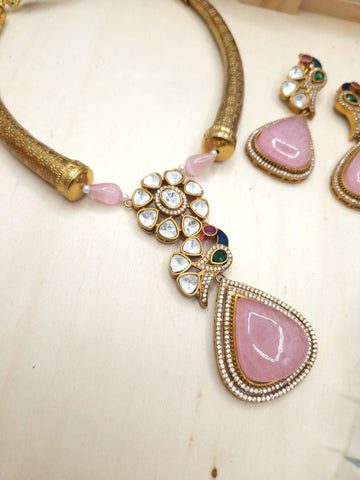 Pink Ridhi mossanite polki necklace set