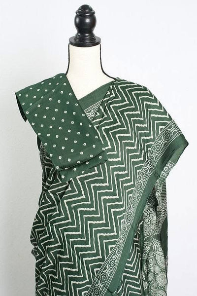 Modal Silk Leheriya Ajrakh Saree with Tissue Pallu in Green