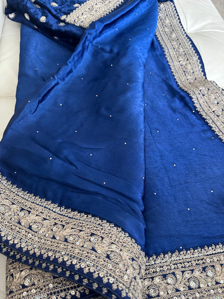 Deep Midnight Blue Satin Mukesh Work Saree with Antique Zari Embroidery