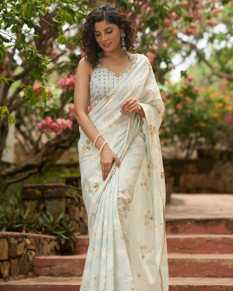 Ice blue floral printed saree