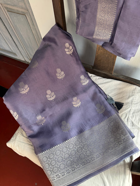 Lavender and Silver Mashru Soft Silk Saree