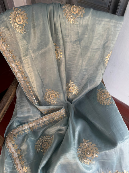 Sky Blue Tissue Silk Gota Pati Saee