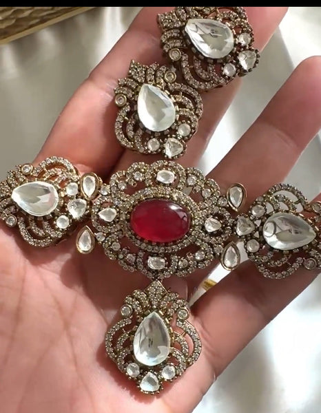 Ruby Victorian Sabyasachi-inspired Moissanite Polki Kundan choker Necklace Set