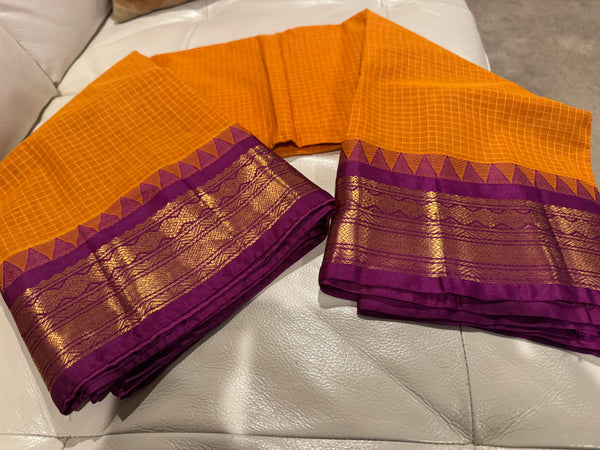 Pure Cotton Orange and Purple Magenta Gadwal Saree