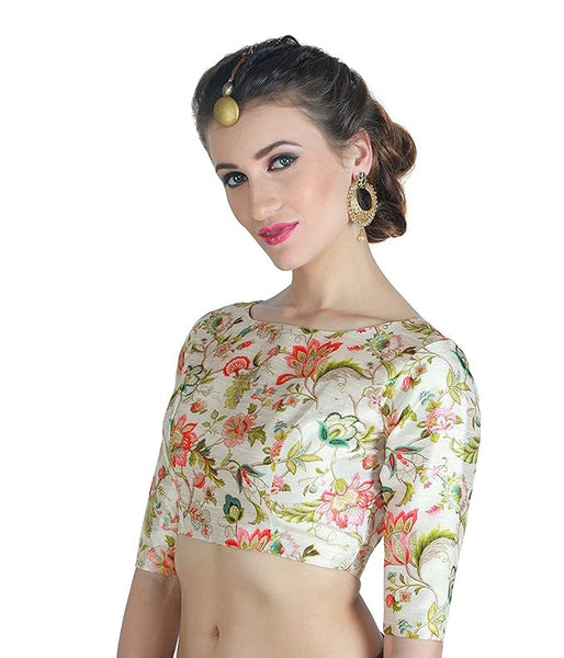 Off White Floral Elbow Sleeve Readymade Blouse