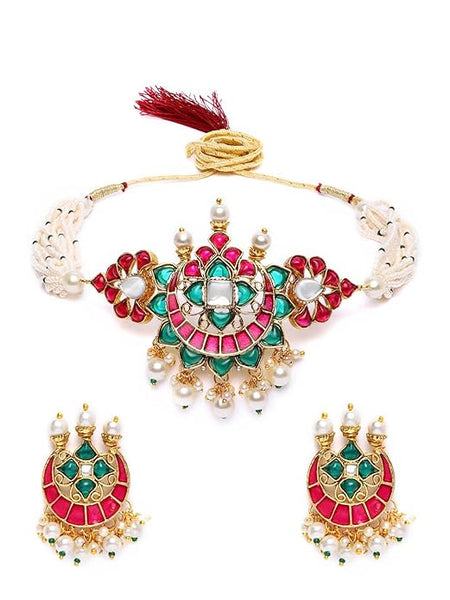 Pink & Green Meenakari Multistrand Pearls Choker Necklace & Earring