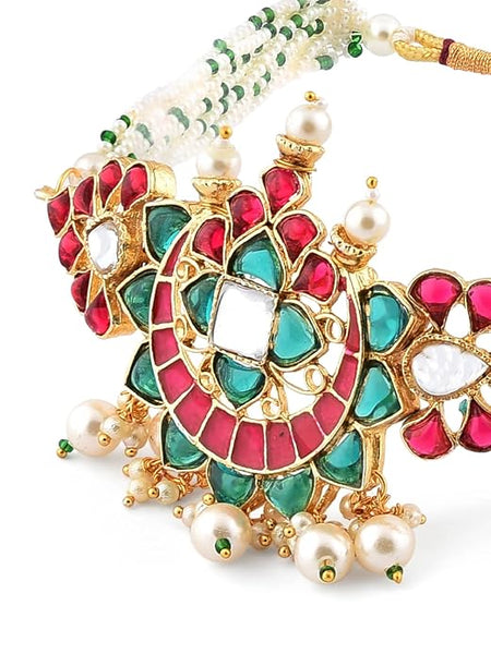 Pink & Green Meenakari Multistrand Pearls Choker Necklace & Earring