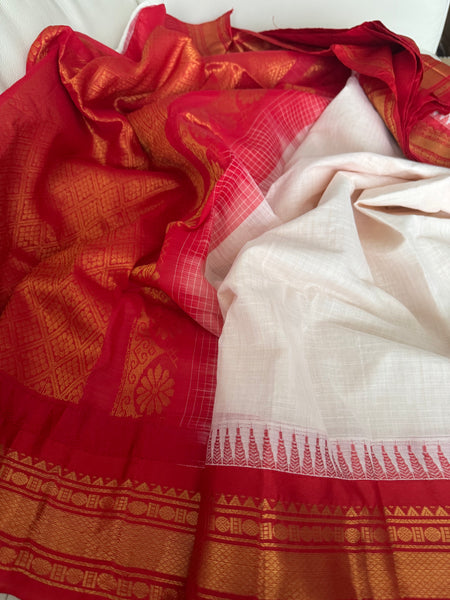 White and Red Cotton Gadhwal Saree