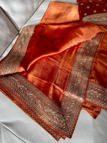 Orange Satin Mukaish Work Saree with Antique Zari Embroidery