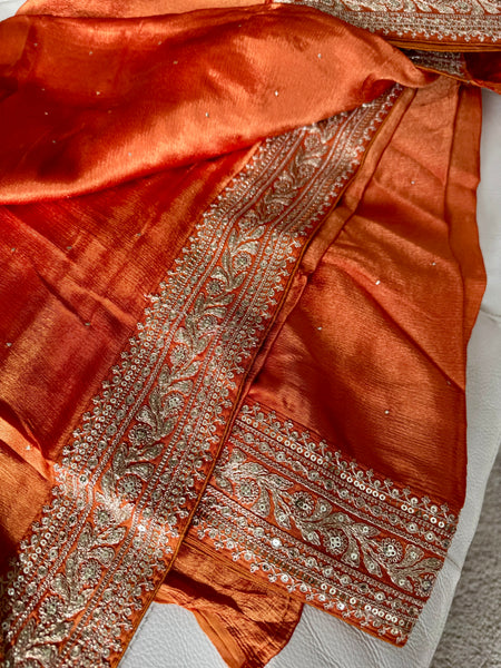 Orange Satin Mukaish Work Saree with Antique Zari Embroidery