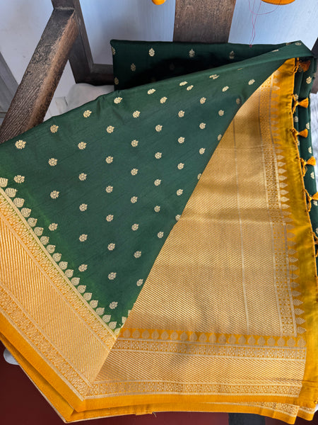 Forest Green and Yellow Soft Tussar Silk Saree