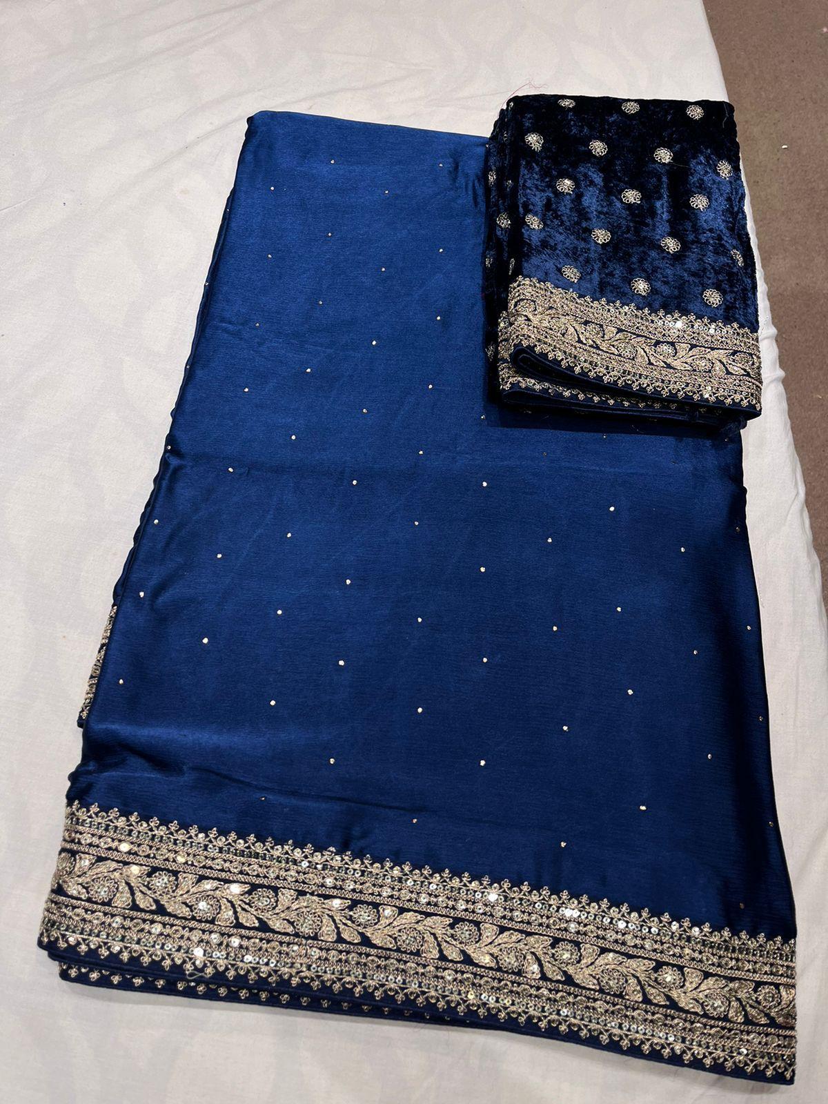 Deep Midnight Blue Satin Mukesh Work Saree with Antique Zari Embroidery