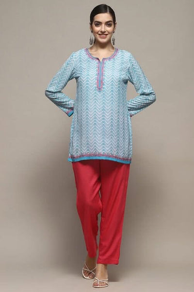 Sky Blue Soft Crepe Printed Straight Kurti