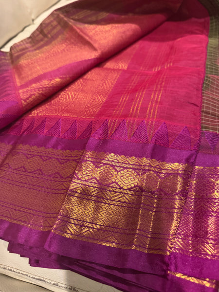 Pure Cotton Forest Green and Purple Magenta Gadwal Saree