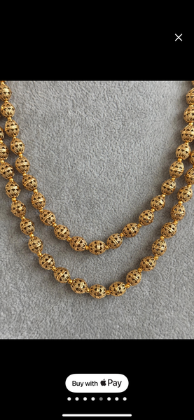 Double Layered Gold Matar Mala Necklace Strand with Earrings