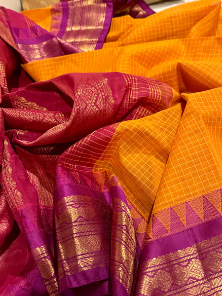 Pure Cotton Orange and Purple Magenta Gadwal Saree