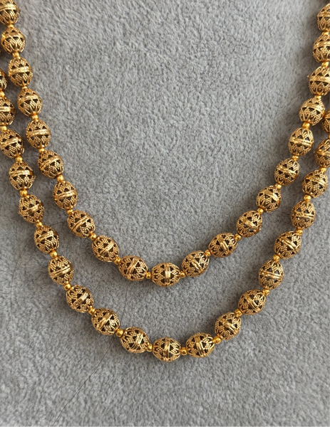 Double Layered Gold Matar Mala Necklace Strand with Earrings