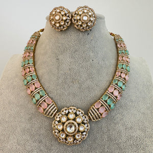 Mint and Pink Victorian Moissanite polki CZ diamond Necklace Set