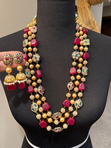 Multi-Layer Meenakari Maroon Semi-Precious Stones Long Necklace