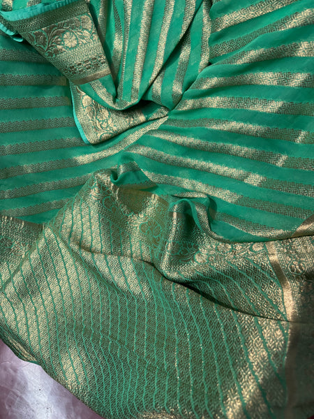 Pastel Green and Gold Pure Khaddi Chiffon Saree