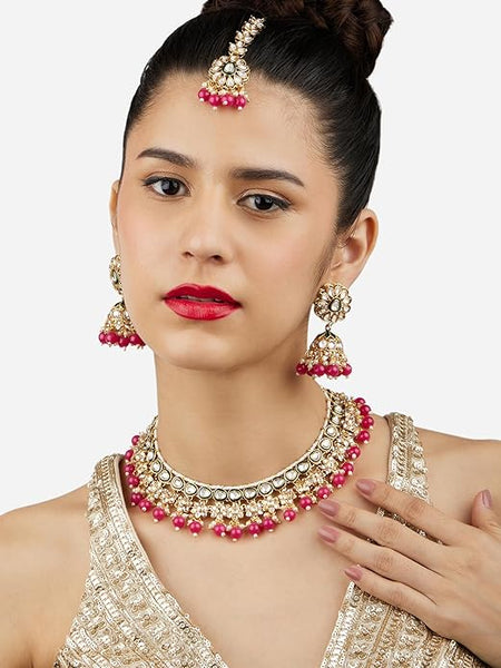 Green Meenakari & Maroon Beads Drop Kundan Choker Necklace Earring & Maangtikka Set