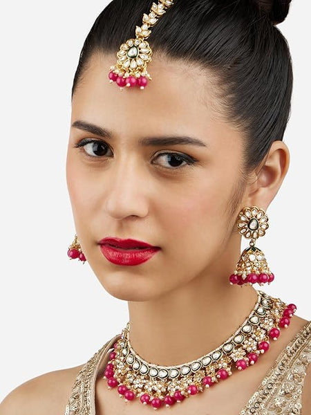 Green Meenakari & Maroon Beads Drop Kundan Choker Necklace Earring & Maangtikka Set