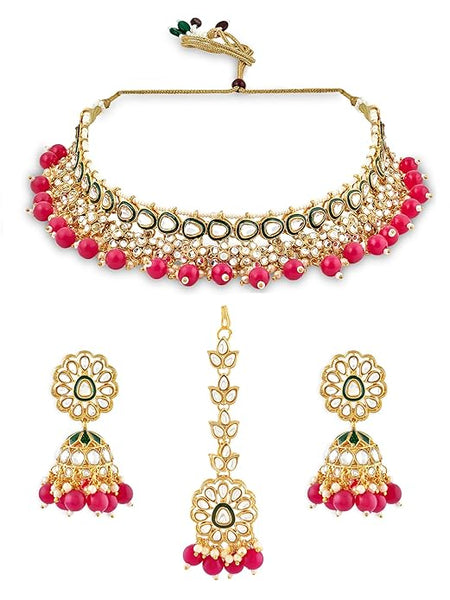 Green Meenakari & Maroon Beads Drop Kundan Choker Necklace Earring & Maangtikka Set