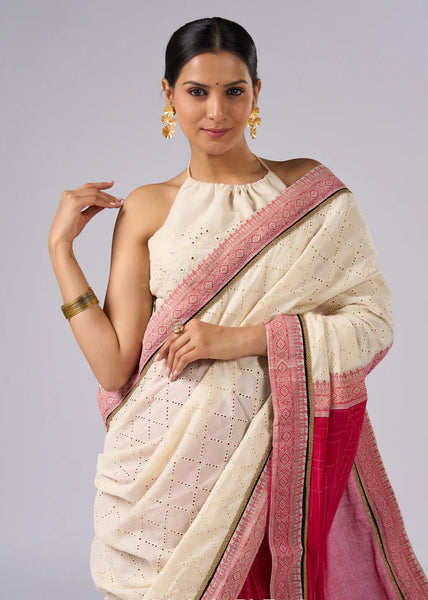 Off white haakoba cotton saree with bright chequered pink combination