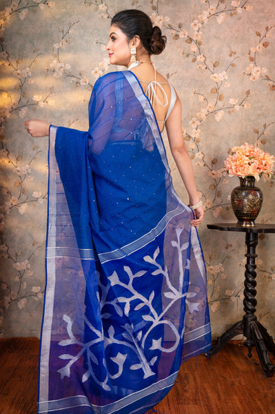 BLUE PURE MATKA MUSLIN SAREE WITH SILVER FLORAL MOTIFS