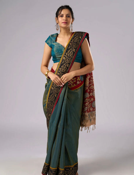 Green Shaded Tissue saree with Hand Painted Kalamkari pallu