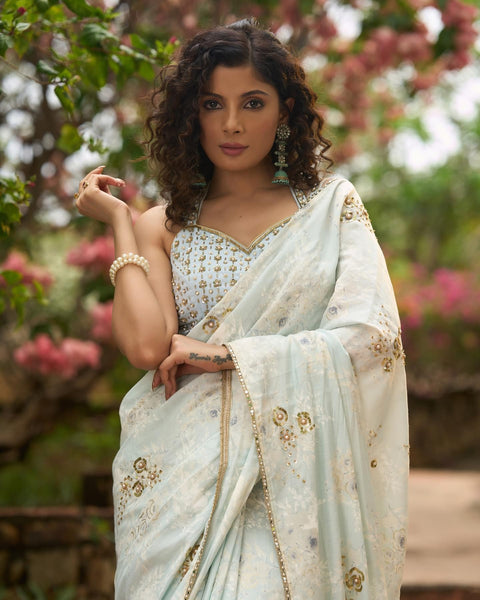 Ice blue floral printed saree