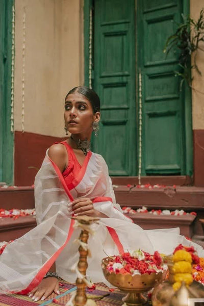 Red and White Handloom Silk Saree