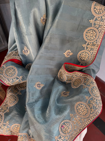 Sku Blue Tissue Chanderi Silk Saree