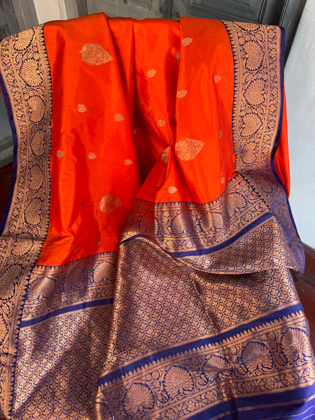 Pure Katan Silk Handloom Saree in Orange and Royal Blue