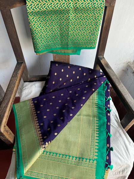 Deep Purple and Green Tussar Silk Saree