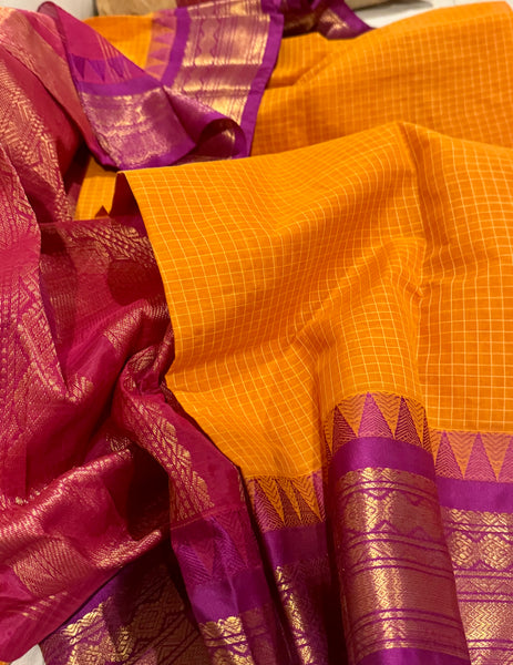 Pure Cotton Orange and Purple Magenta Gadwal Saree