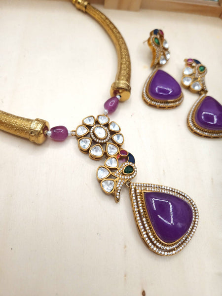 Purple Ridhi mossanite polki necklace set