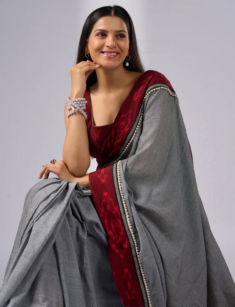 Grey Cotton Saree with Maroon Ikat borders