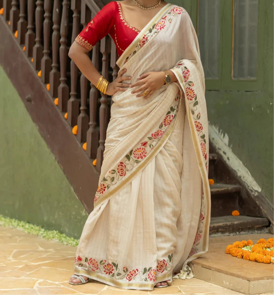 Off White And Gold Cotton Viscose Printed Saree With Floral Border