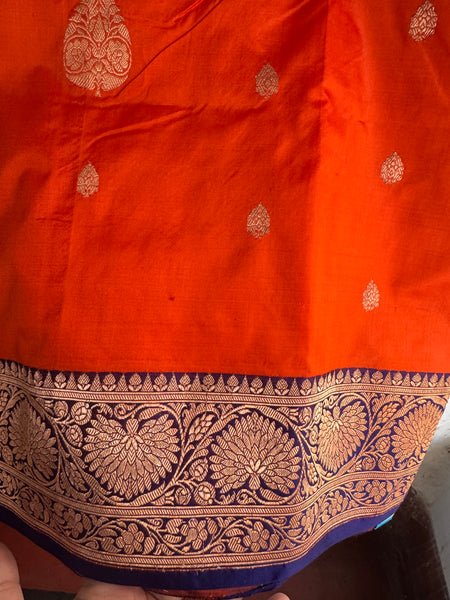 Pure Katan Silk Handloom Saree in Orange and Royal Blue