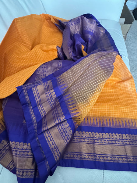 Pure Cotton Orange and Blue Gadwal Saree