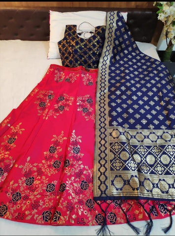 Brocade Hot Pink and Blue Lehenga Choli